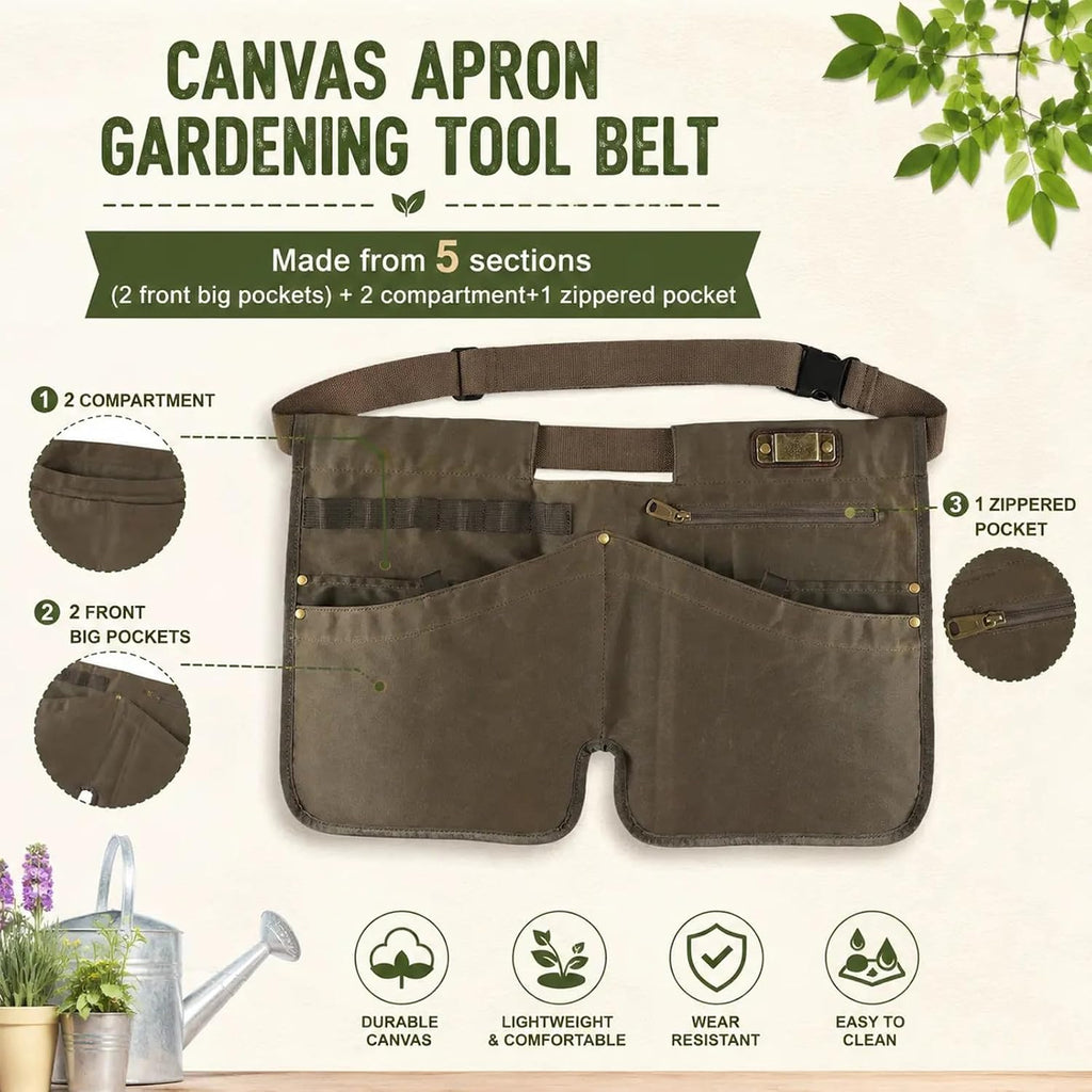 Canvas Gardening Half Apron, Heavy-Duty Florist Tool Belt 5 Pockets-Unisex | 5-zone storage with elastic loops