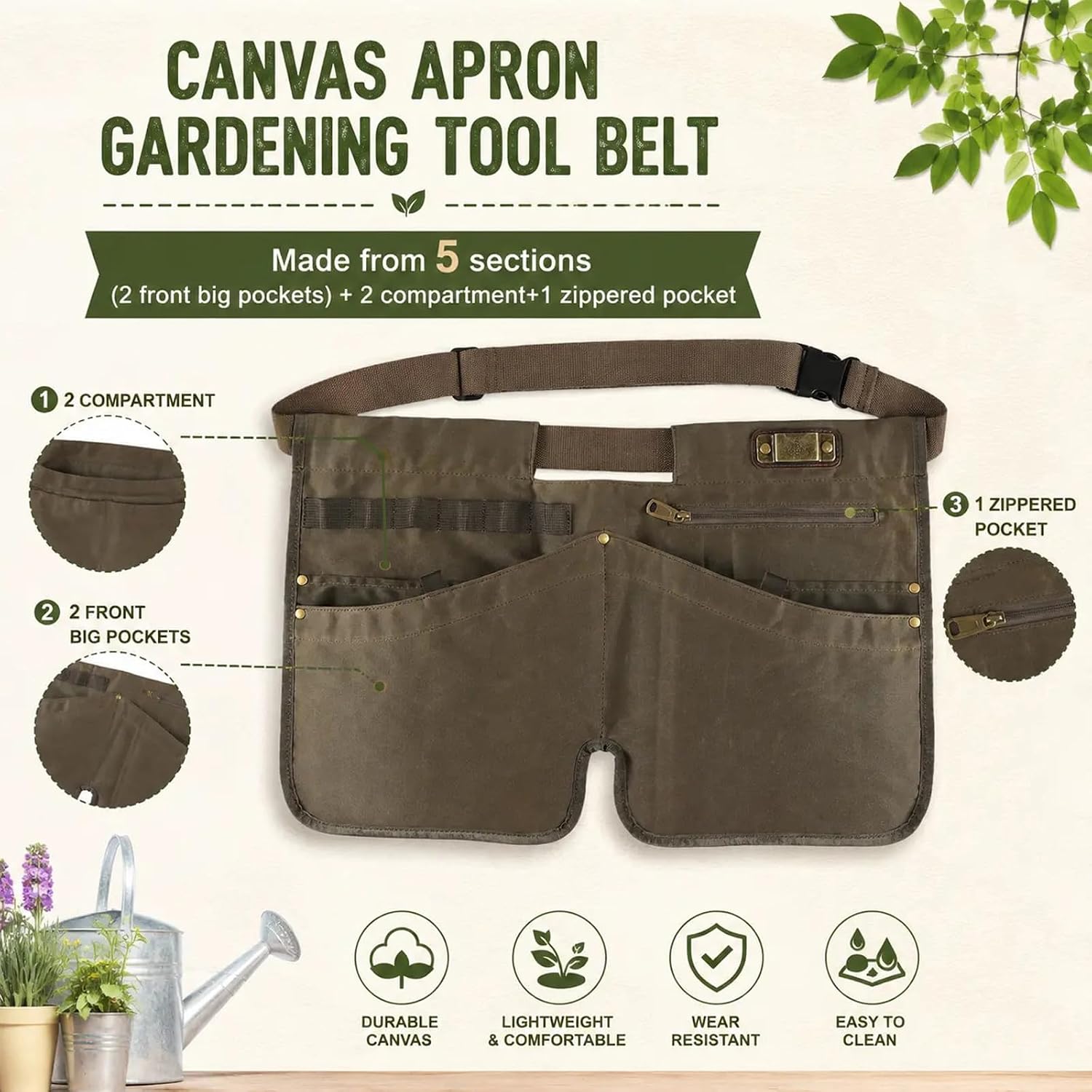 Canvas Gardening Half Apron, Heavy-Duty Florist Tool Belt 5 Pockets-Unisex | 5-zone storage with elastic loops