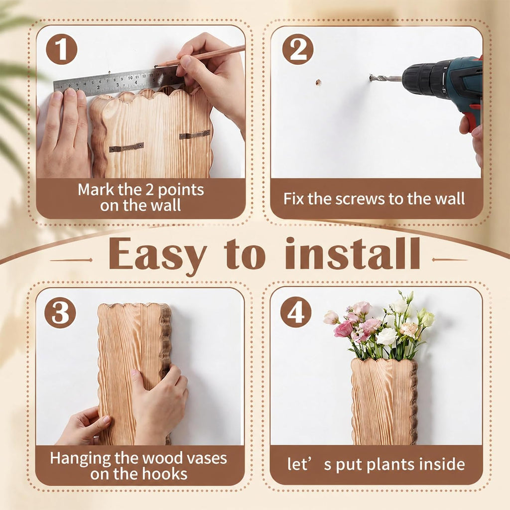 2 Pack Scalloped Wood Wall Planter Vases Rustic Hanging Pocket Planters for Indoor Fake Plants & Dried Flowers Modern