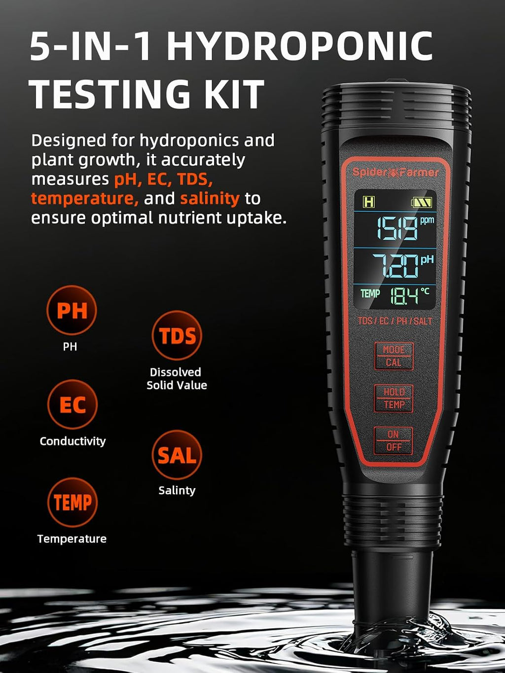 Spider Farmer 5-in-1 Digital pH Meter Kit Pen Tester for Water Hydroponics | pH, TDS, EC, Temp, and Salinity 5-in-1 Pen