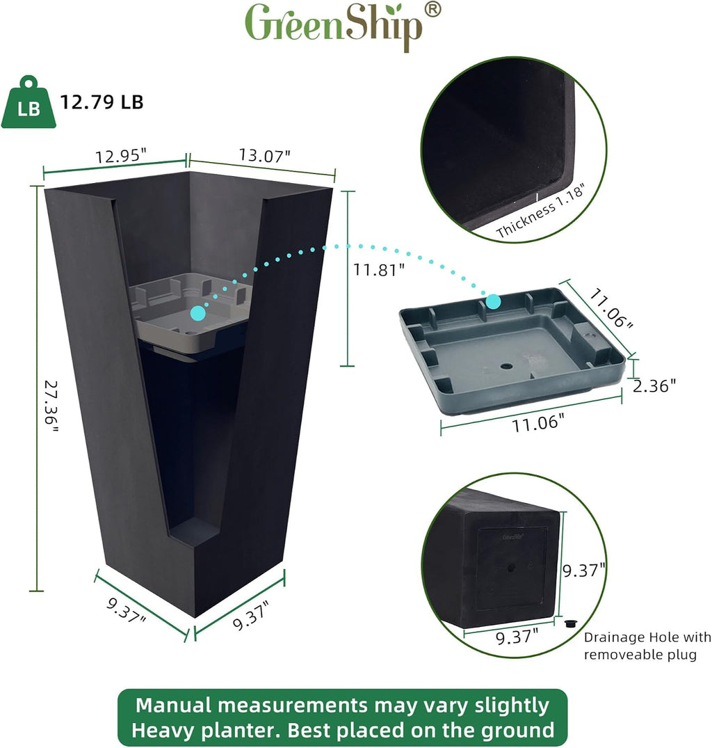 GreenShip 27 Inch Tall Planters Set of 2, Black Outdoor Planters | Weather resistant design with drainage hole and