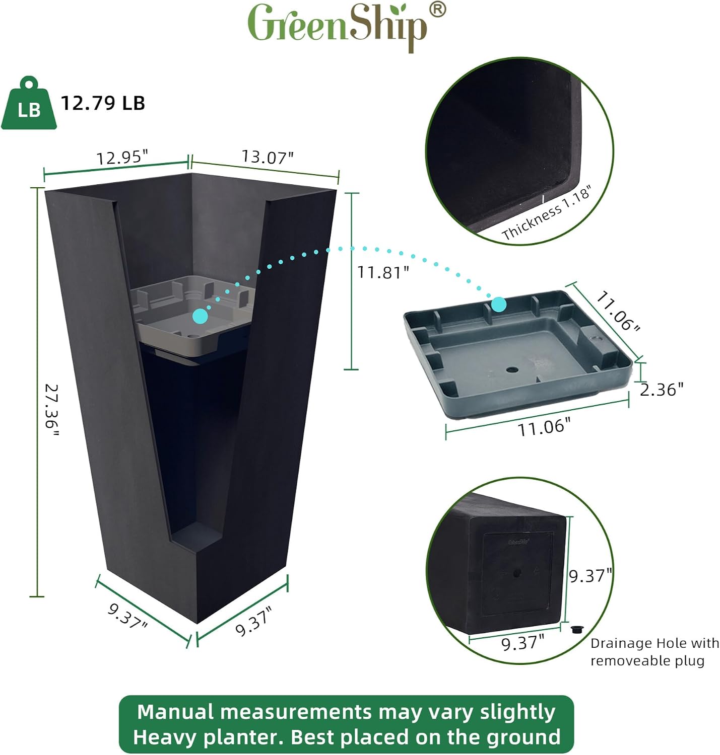 GreenShip 27 Inch Tall Planters Set of 2, Black Outdoor Planters | Weather resistant design with drainage hole and