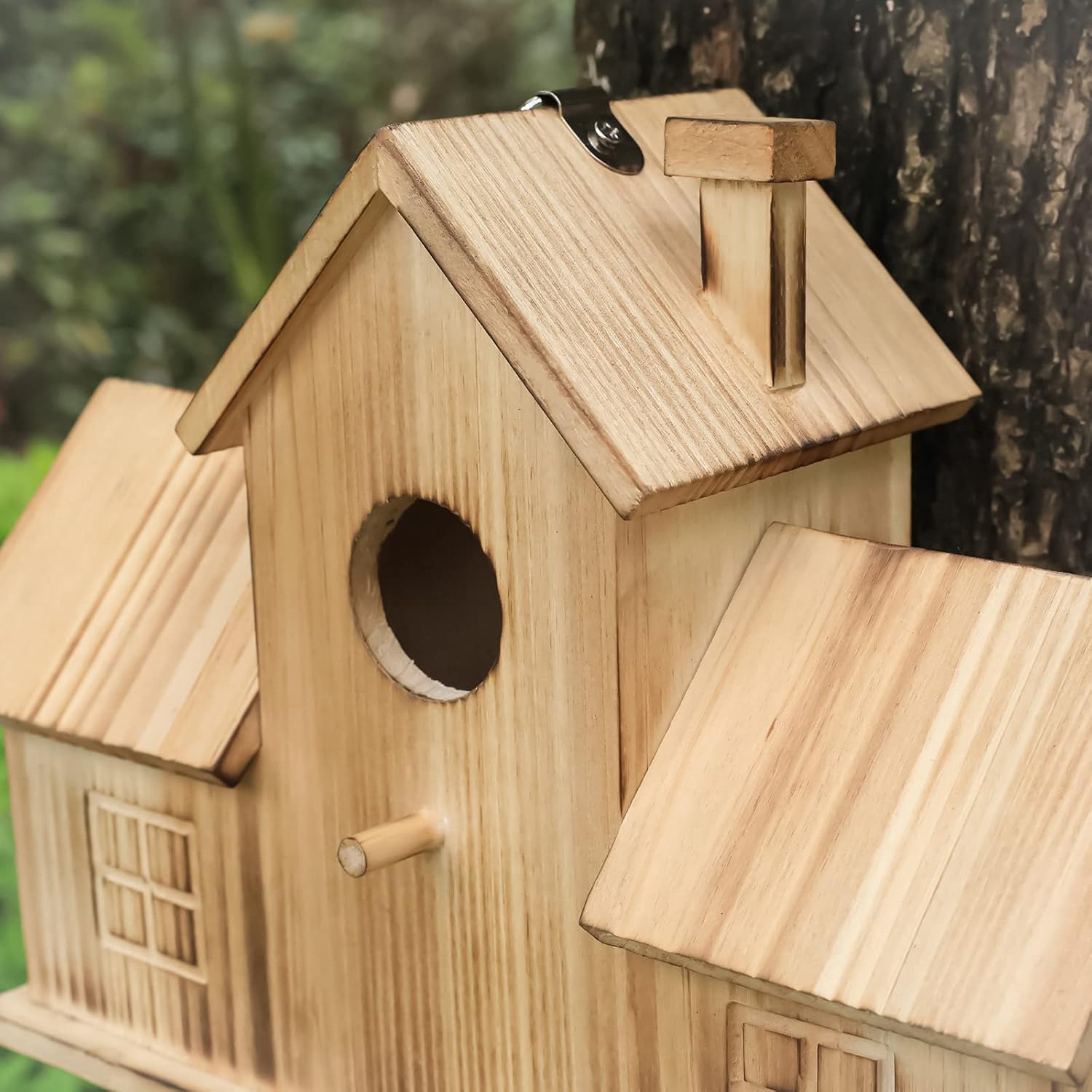 Bird Houses for Outside 3 Hole Bird House Room for 3 Bird Families Outdoor Bluebird Finch Cardinals Wooden Hanging