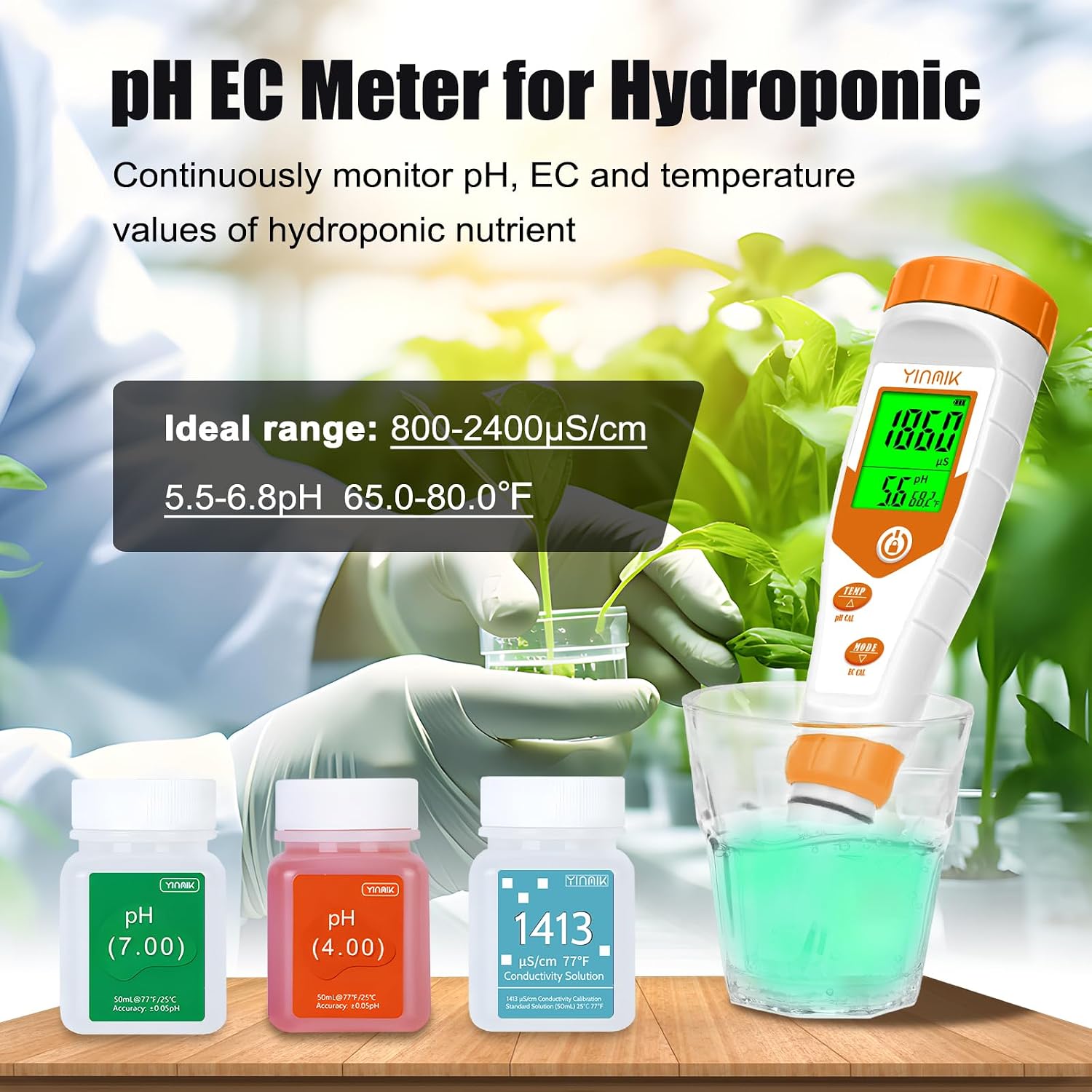 pH Meter for Hydroponics, 4 in 1 PPM EC Meter for Plant Nutrients | Simultaneous Measurement of pH Conductivity TDS