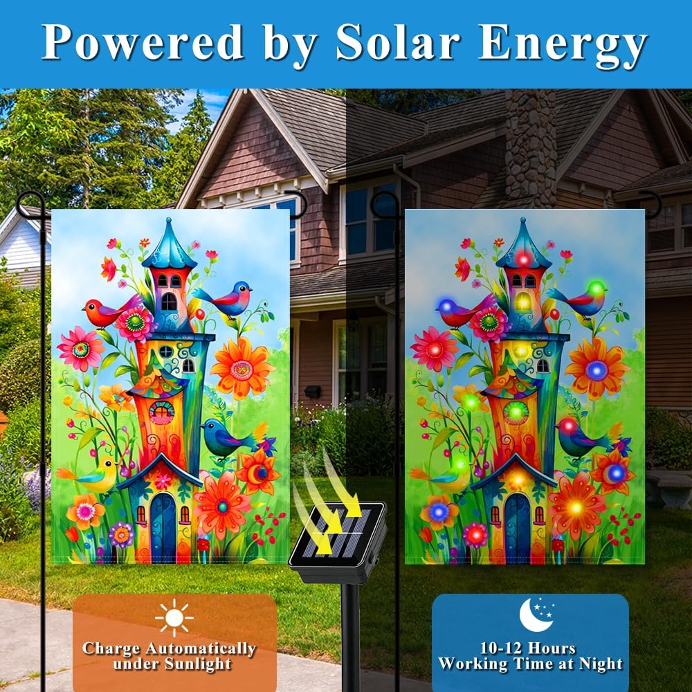 Bird Lighted Garden Flag, 12x18 Inch Double Sided | LED Solar, 8 Modes, Floral Bird Design, Stand Not Included ﻿