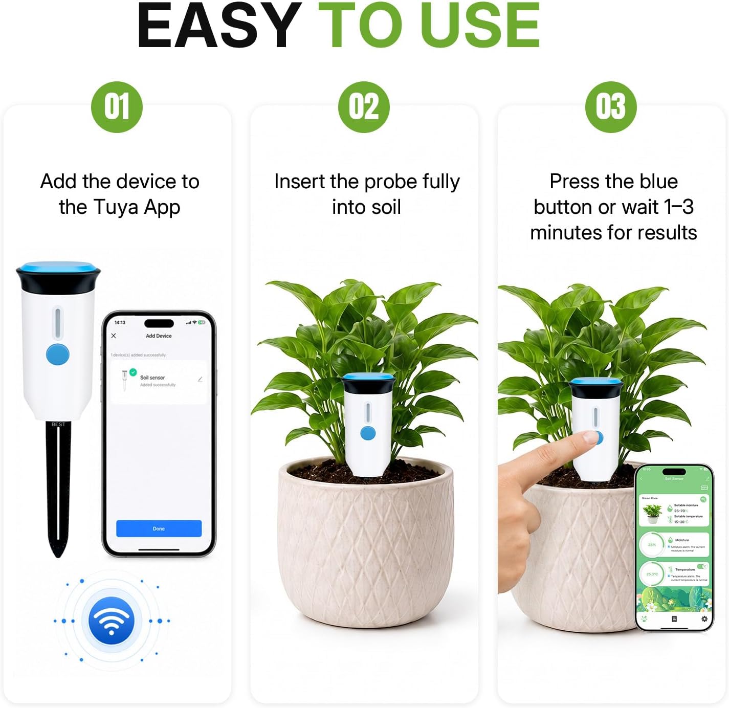 Mcbazel WiFi Smart Soil Tester, No Hub Needed, Tuya/Smart Life App | Soil moisture & air temp, IP66 waterproof, 2 AA