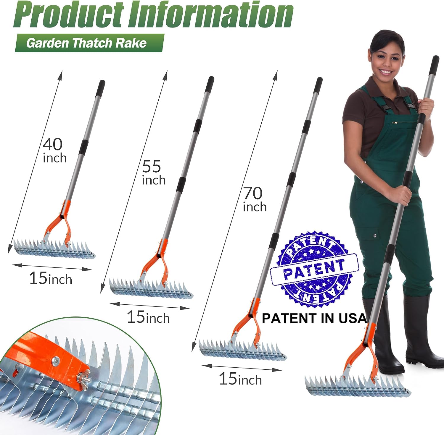 Thatch Rake for Lawn with Adjustable Handle Heavy Duty Steel Lawn Rake