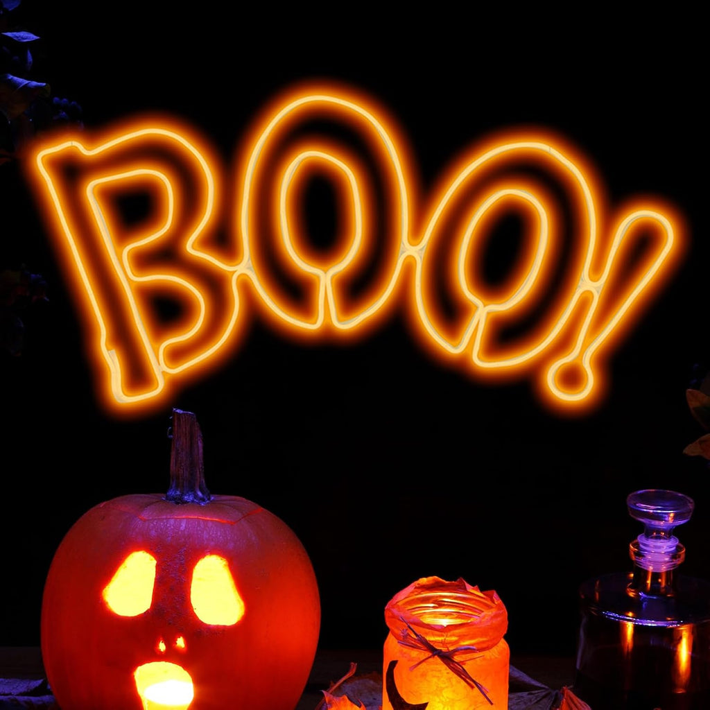 LAMPHOME [Large 36"x17" 666 LED Boo Neon Motif Super-Bright Orange LEDs Outdoor Halloween Decoration with UL Standard Adaptor Waterproof for Outdoor Home Party Wall Hanging Holiday