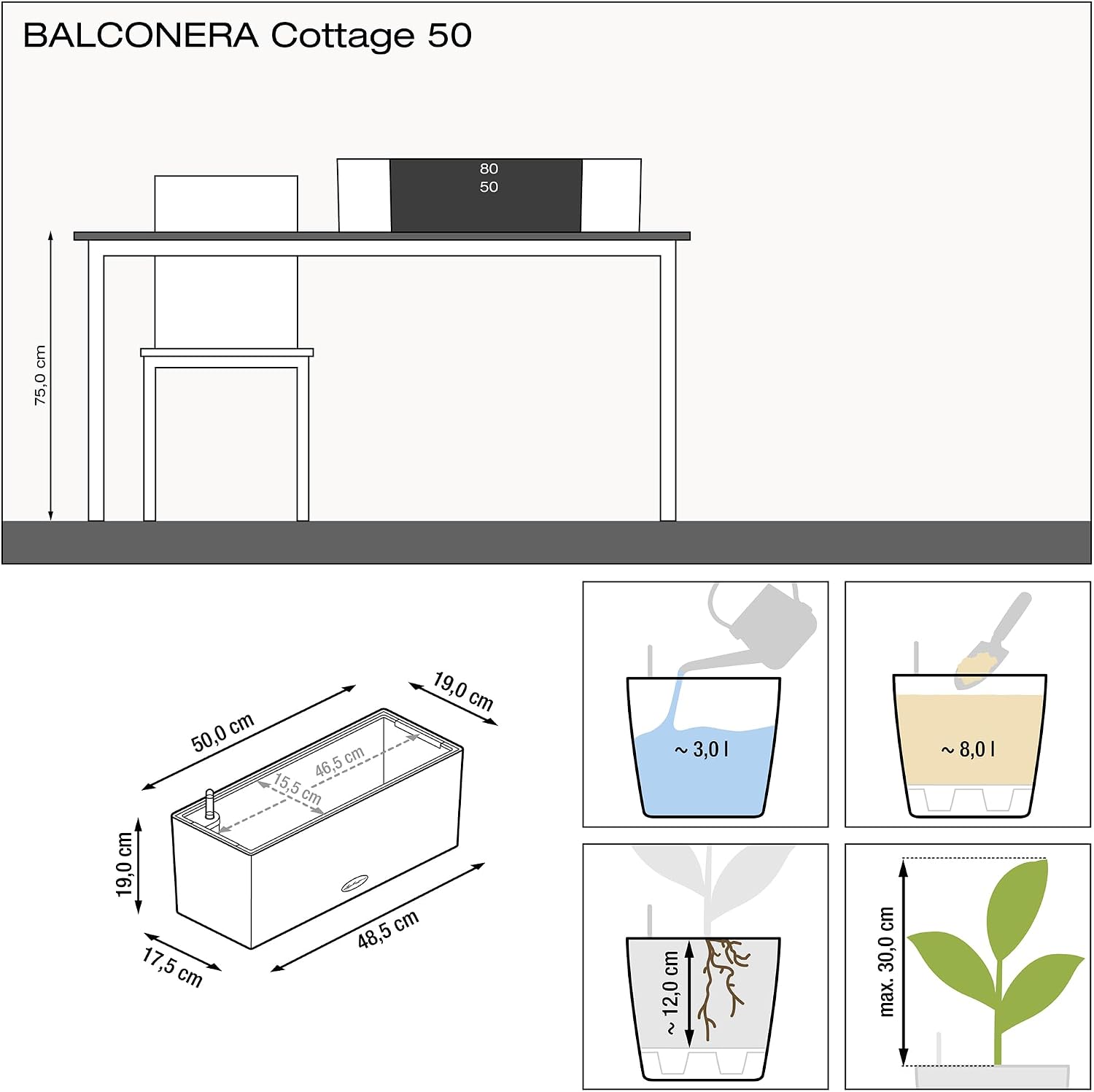 Lechuza BALCONERA Cottage 50 Mocha, Self-Watering Window Box (Railing Planter), H7.5 L19.7 W7.5 in