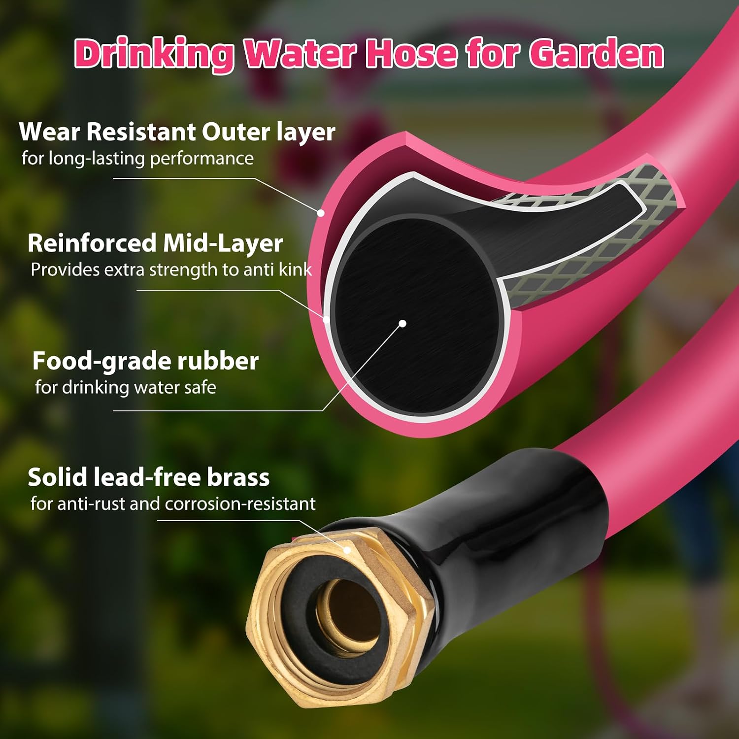 Garden Hose 5/8 in x 50 ft, Heavy Duty Durable Anti Kink Flexible Garden Water Hose for Drinking Water Safe BPA Free
