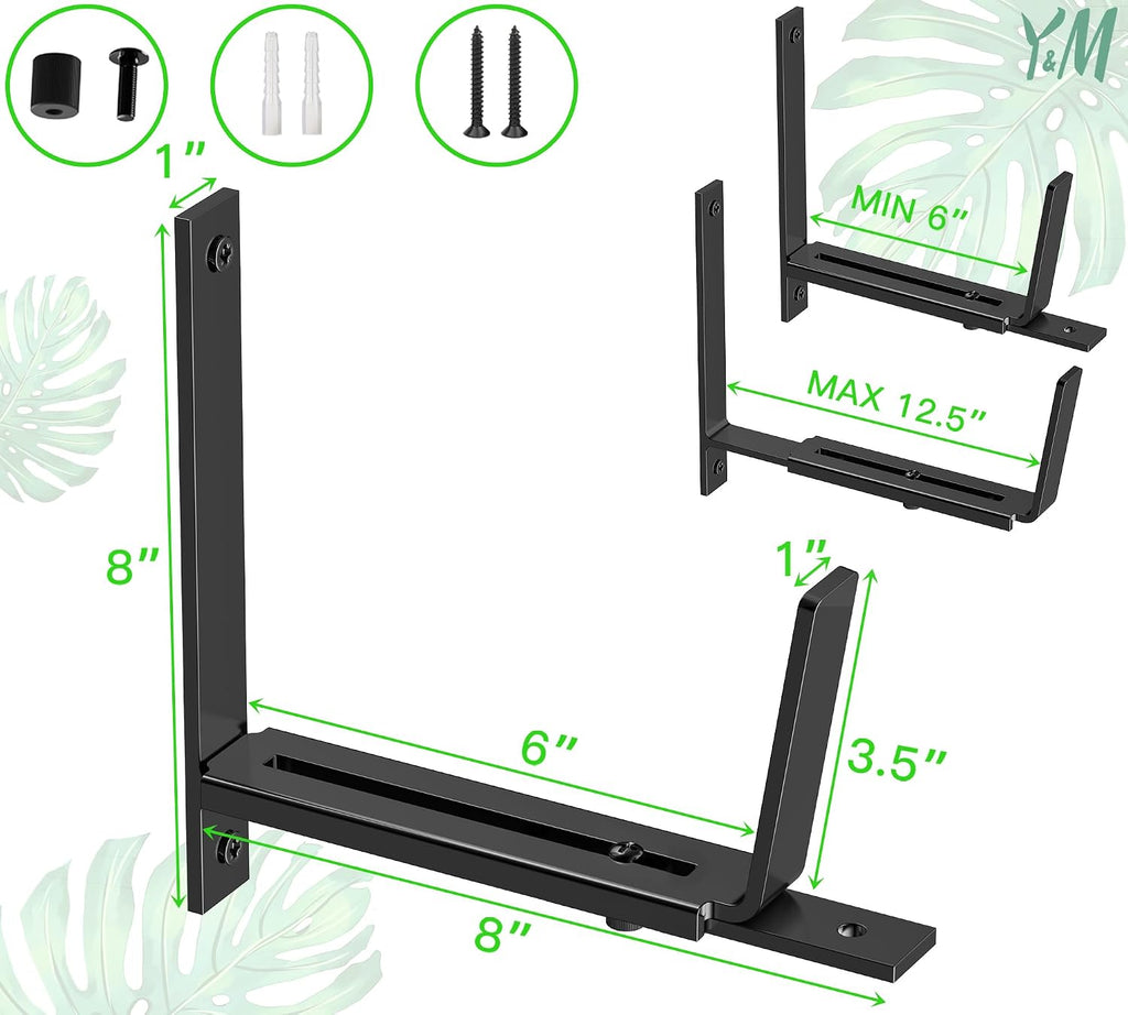 Y&M 6 Pack Adjustable Planter Box Brackets (6 to 12.5 in), Universal Window Box Brackets, Heavy Duty Iron Flower Box