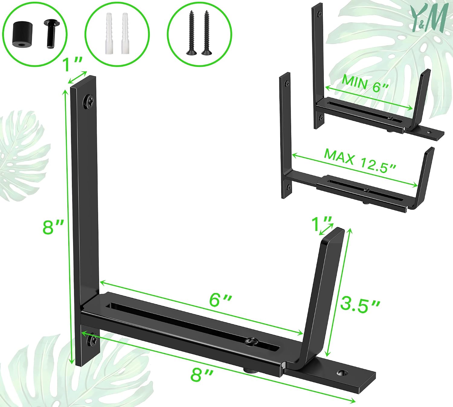 Y&M 6 Pack Adjustable Planter Box Brackets (6 to 12.5 in), Universal Window Box Brackets, Heavy Duty Iron Flower Box