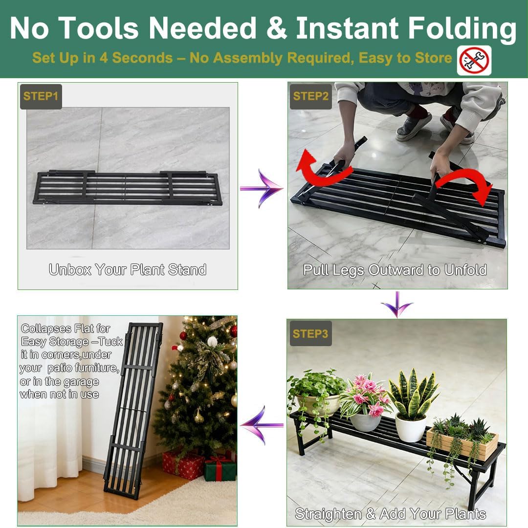 Foldable Single Tier Plant Stand, Heavy Duty Iron Plant Shelf，Anti-Rust Waterproof Flower Pot Stand, Tool-Free Quick