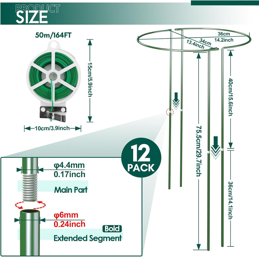 12 Pack 30 inch Plant Support Stakes, Heavy-Duty Half Round Peony Support, Garden Plant Stakes Cage for Outdoor Plants