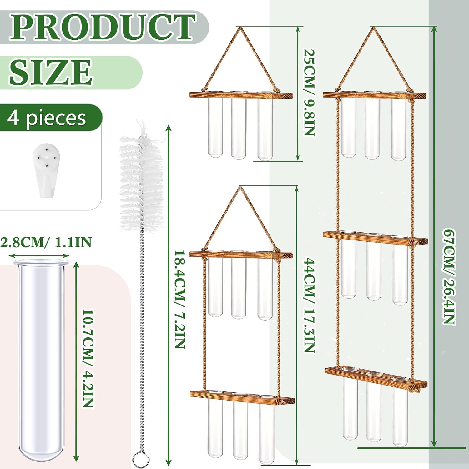 Leumoi 3pcs Hanging Propagation Station, Vertical 18 Glass Test Tubes | 3 Tiered Wooden Racks, Wall Propagation
