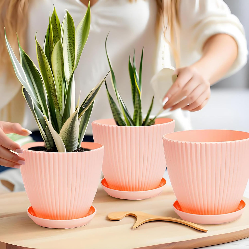 7 Inch Large Plant Pots, 6 Pack Flower Pots with Drainage Hole and Tray Saucer Plastic Plant Pot for Outdoor Indoor
