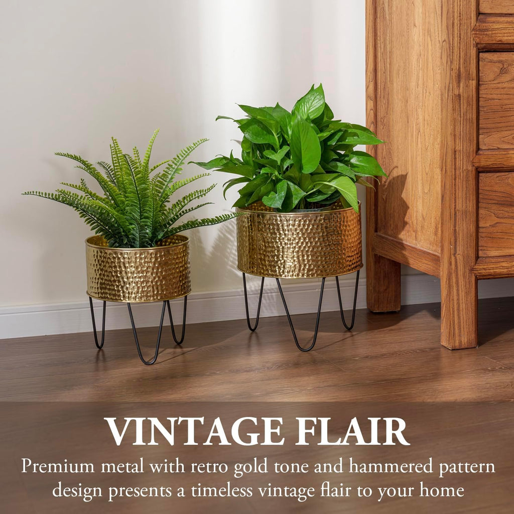 MyGift Modern Brass Metal Plant Containers with Matte Black Stands, 2 Pc | Handcrafted in India, textured planters with