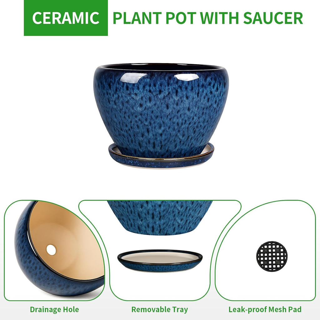 Deep Dream 8 Inch Plant Pots- Ceramic Pots for Plants with Drainage Hole and Saucer, Large Planter Pot for Indoor