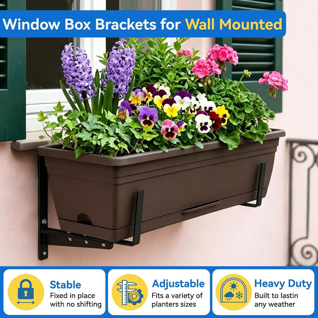 Halatool Window Box Brackets Outdoor, 4Pack Adjustable Planter Box Brackets | Heavy Duty Steel No Drill Flower Box