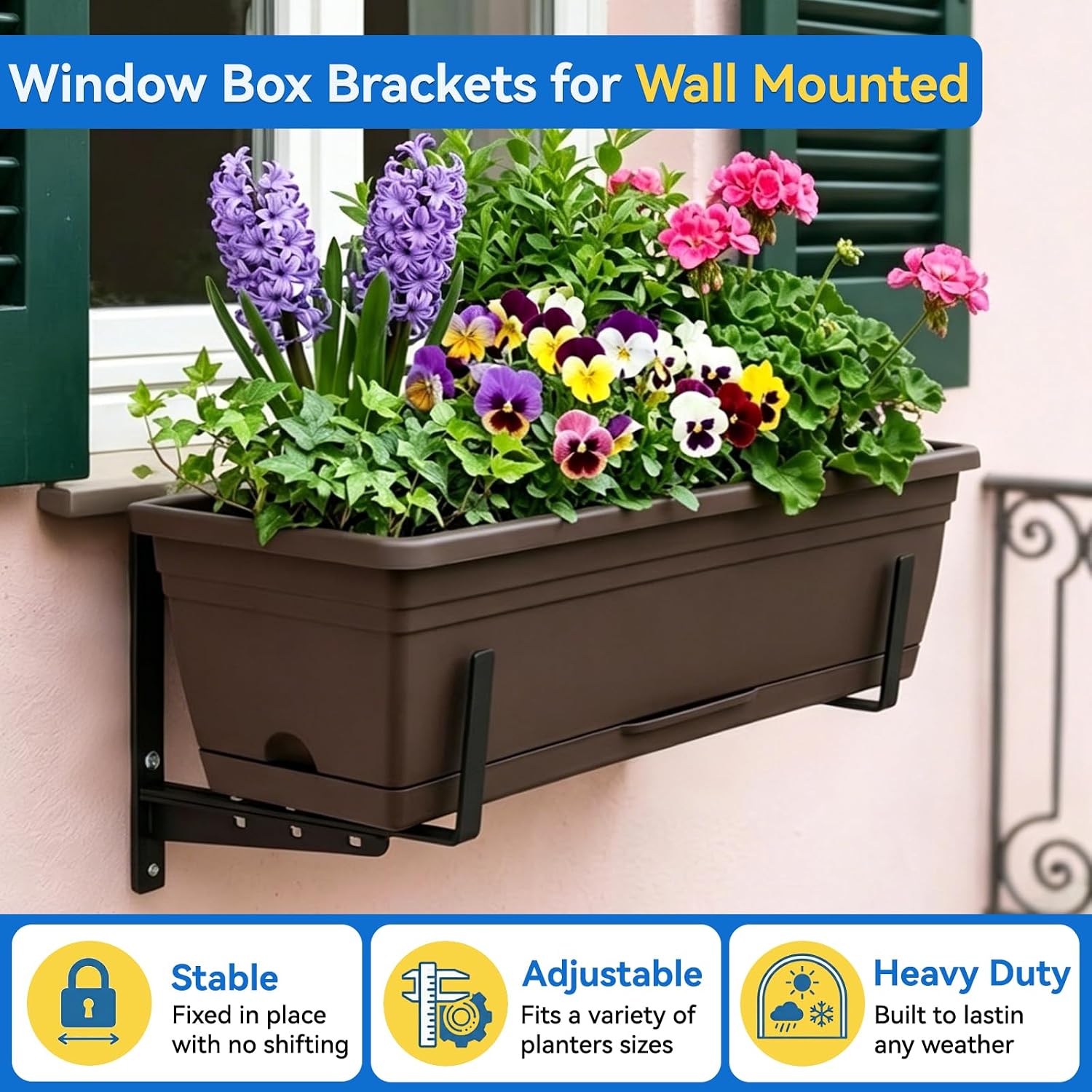 Halatool Window Box Brackets Outdoor, 4Pack Adjustable Planter Box Brackets | Heavy Duty Steel No Drill Flower Box