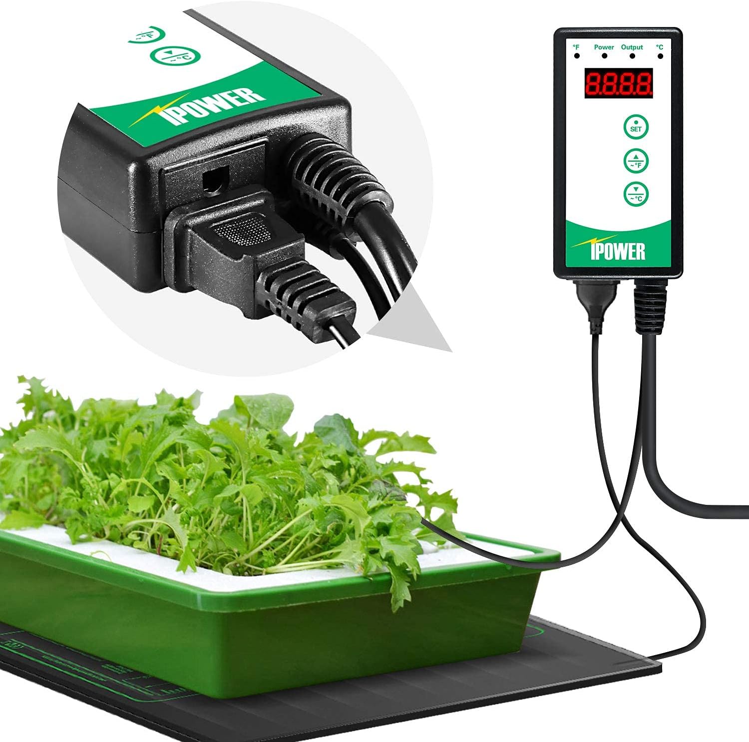 iPower Digital Heat Mat Thermostat Controller and 10" x 20.75" Carbon Film Seeding Warm Hydroponic Pad with Temperature