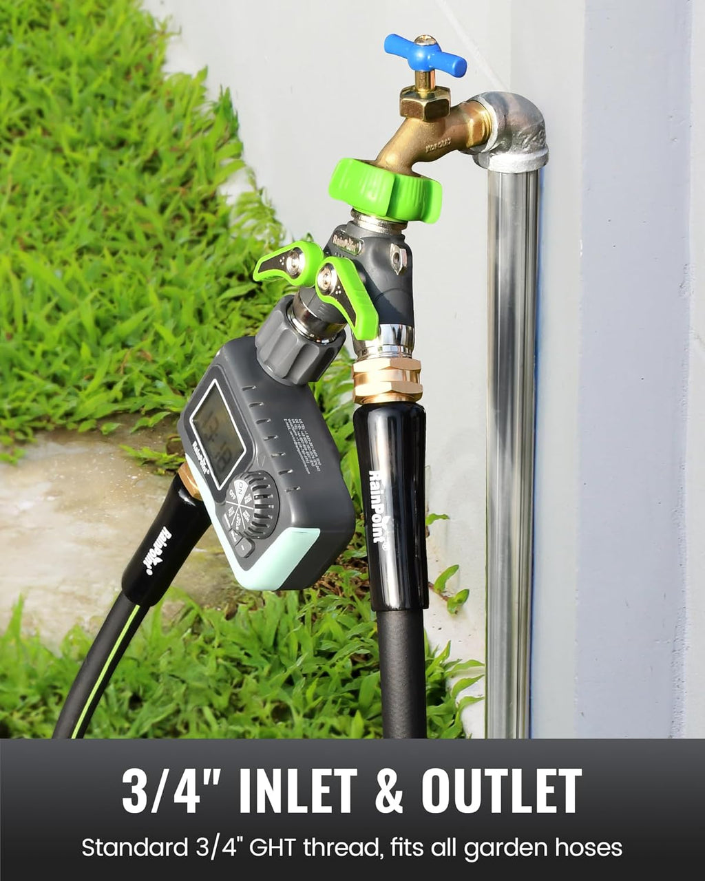 RAINPOINT 2 Way Garden Hose Splitter | Heavy Duty Water Spigot Splitter with Shutoff Valves, 100% Metal Body, 1.9"