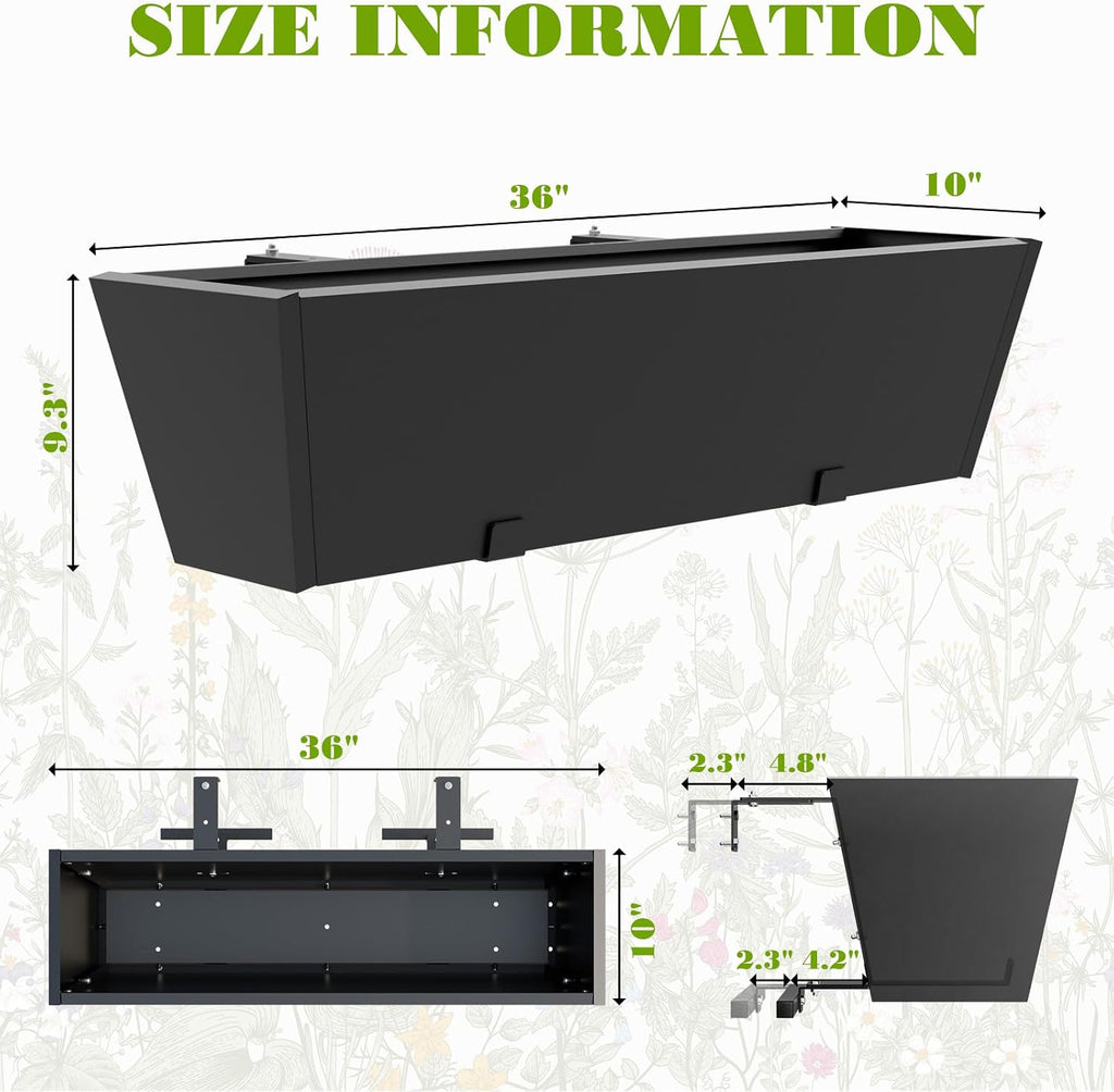 36 Inch Railing Planter Boxes, Heavy Duty Metal Hanging Planters with Adjustable Brackets, Outdoor Balcony Flower Box