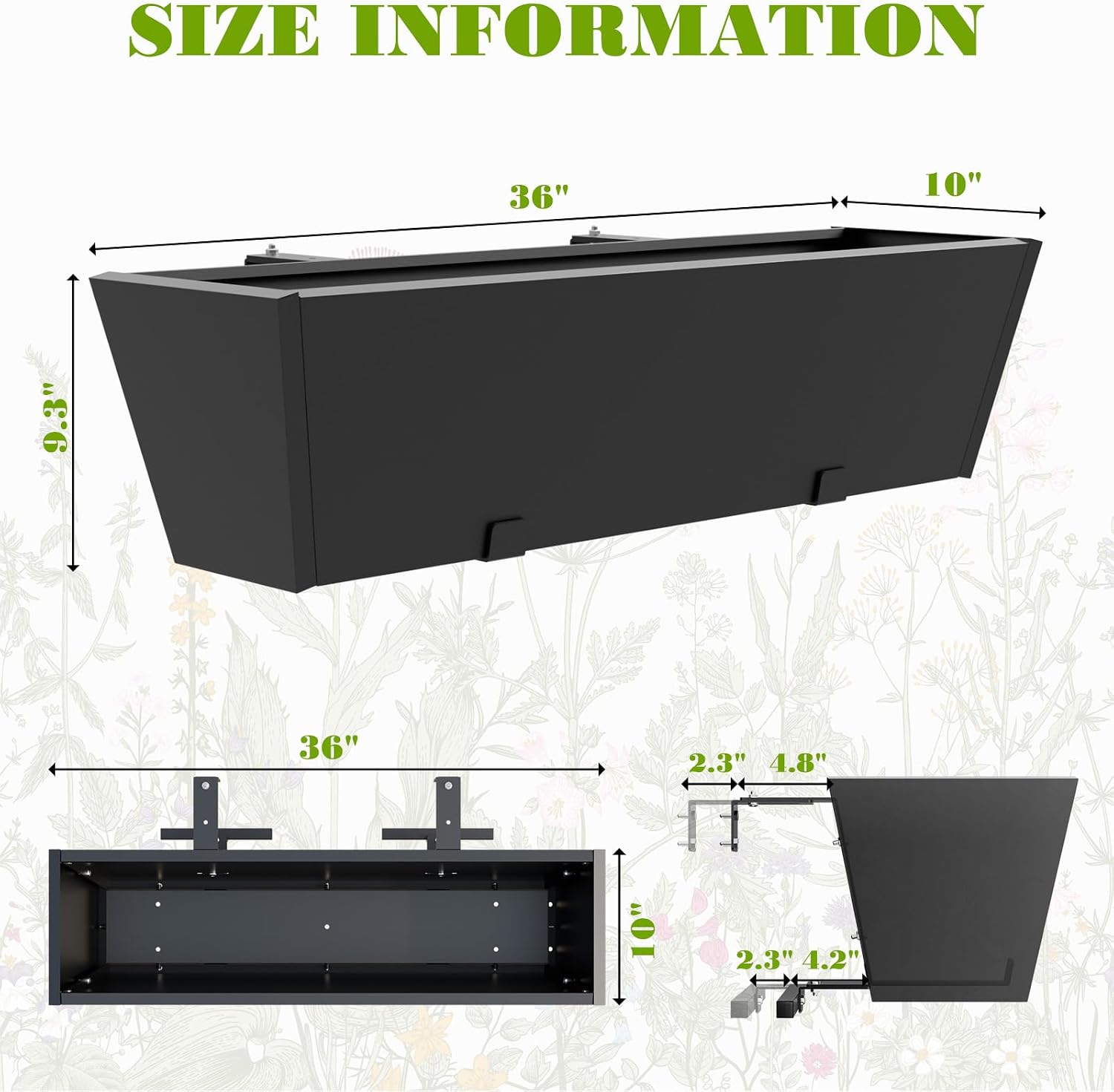 36 Inch Railing Planter Boxes, Heavy Duty Metal Hanging Planters with Adjustable Brackets, Outdoor Balcony Flower Box