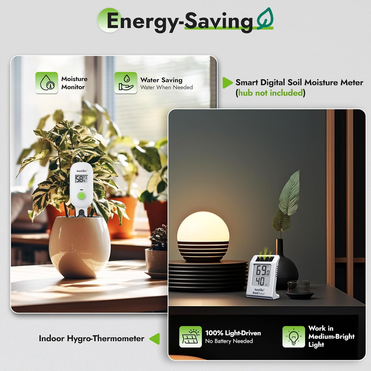 RAINPOINT Light-Driven Thermo-Hygrometer & Smart Digital Wireless Soil Moisture Meter (WiFi Hub Needed) Kit, Real-time