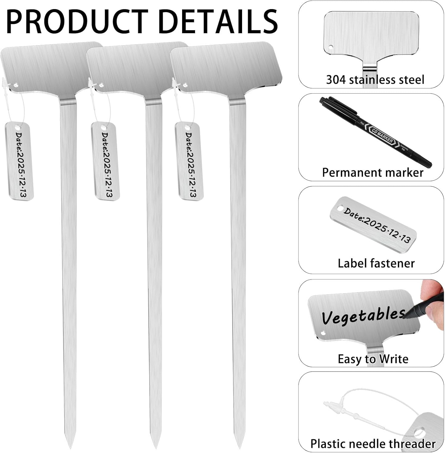 304 Stainless Steel Plant Markers, 50 Waterproof Metal Plant Label Stakes with 50 Tag Buckles & 2 Marker Pen, 12.75"