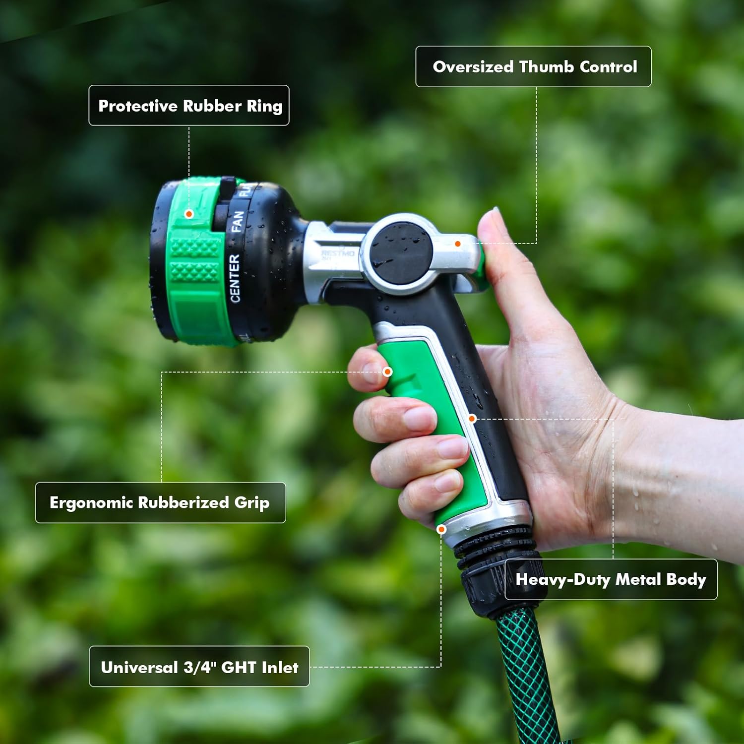 RESTMO Water Hose Nozzle Heavy Duty, Adjustable Garden Sprayer for Outdoor | 2-in-1 Twist Control, 9 Spray Patterns