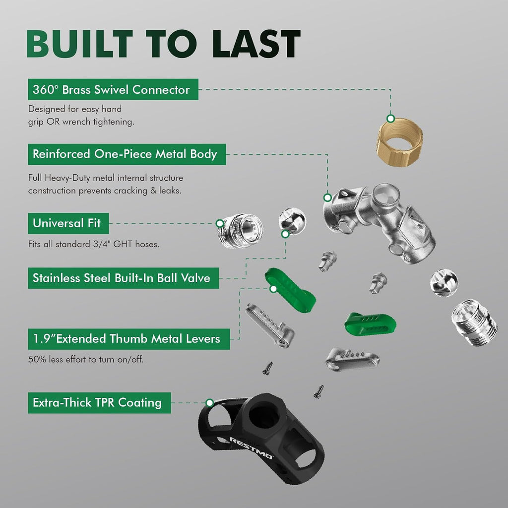 RESTMO 2 Way Garden Hose Splitter Heavy Duty Full Metal Body | Full Flow Design with Oversized Ball Valve, Y Outdoor
