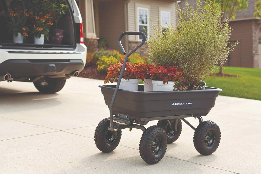 Gorilla Carts Heavy-Duty Poly Garden Dump Cart, 4 Cu Ft, 600 lb Capacity | Pneumatic Tires, Patented quick-release