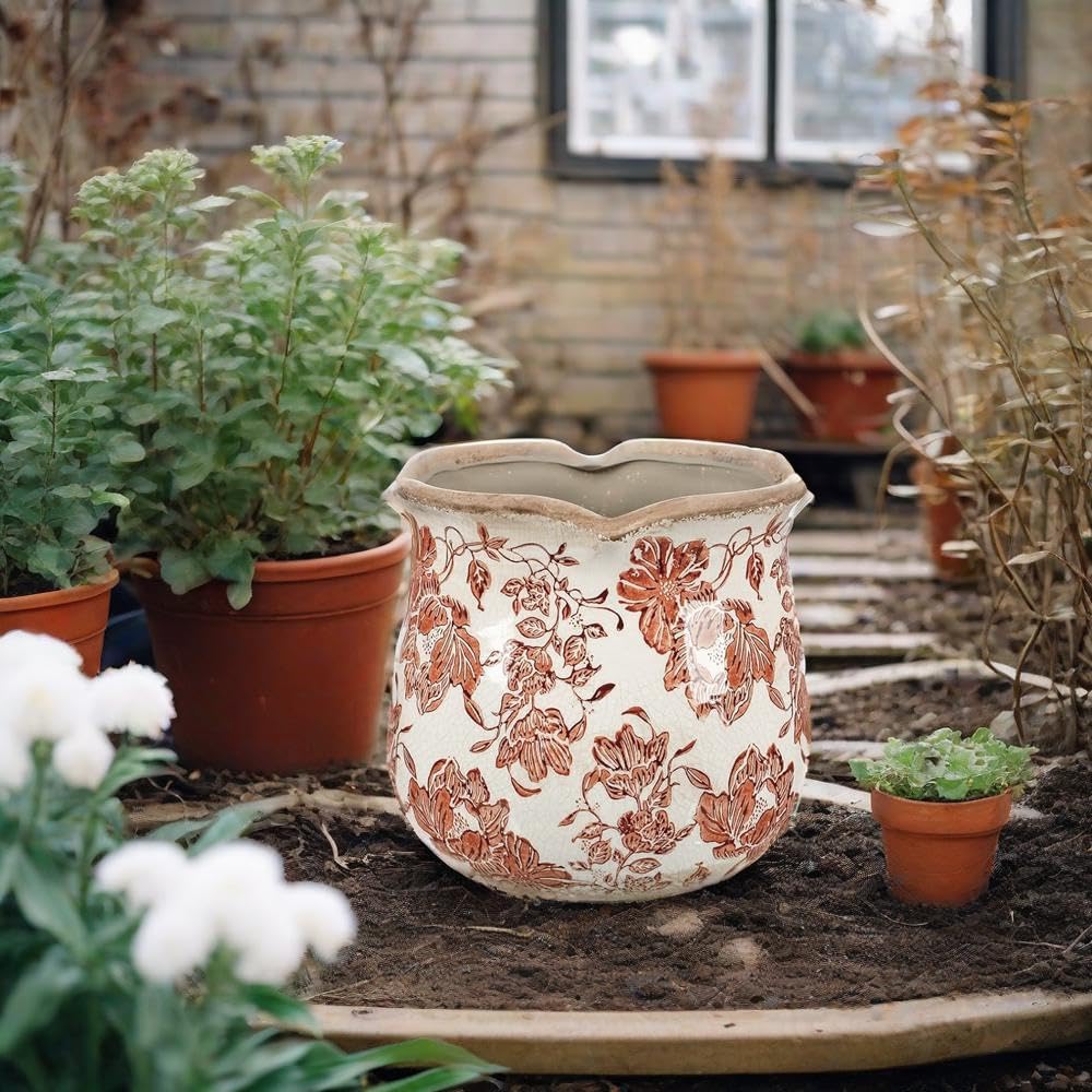 Tuscan Ceramic Planter with Floral Edges Vintage Planter Flower Pot Vase | Planter with Drainage Hole, Ice Crack