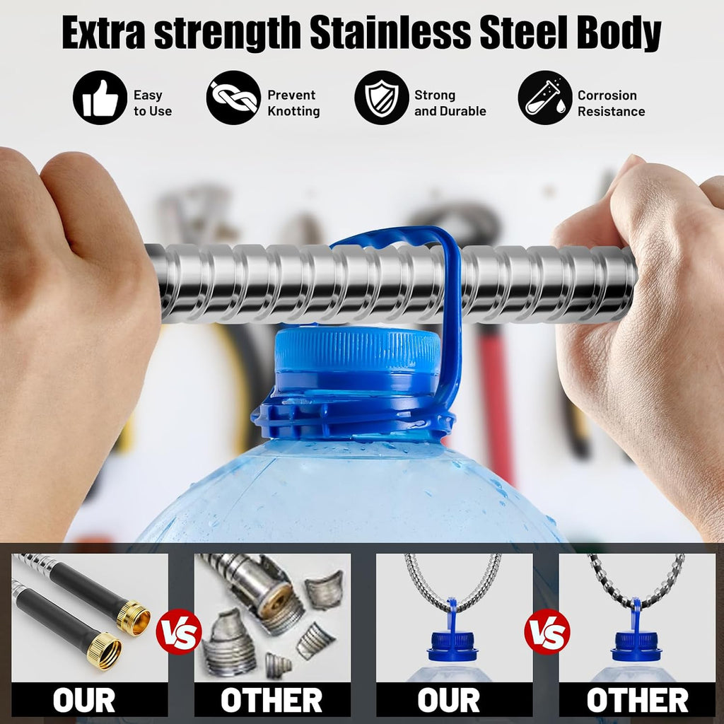 Beitopamz 100 ft Garden Hose, Stainless Steel Metal Water Hose with Nozzle, Flexible and Durable, Rust Proof, No-Kink