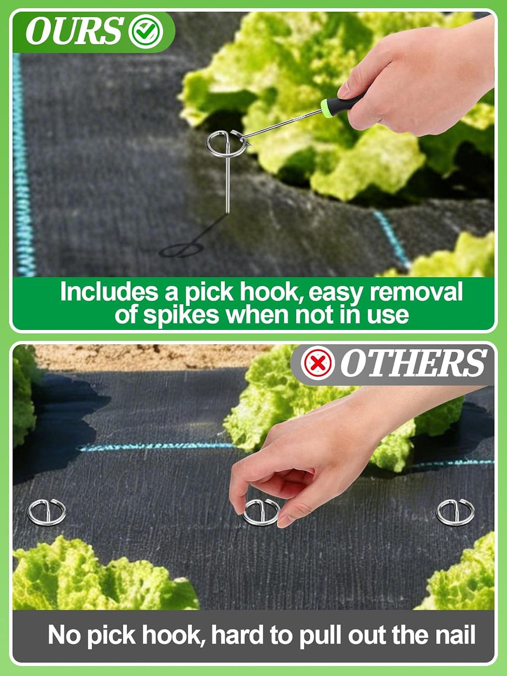 12 Inch Landscape Staples with Hook & Hammer - 60pcs Circle Top Weed Barrier Stakes Kit, 9 Gauge Galvanized