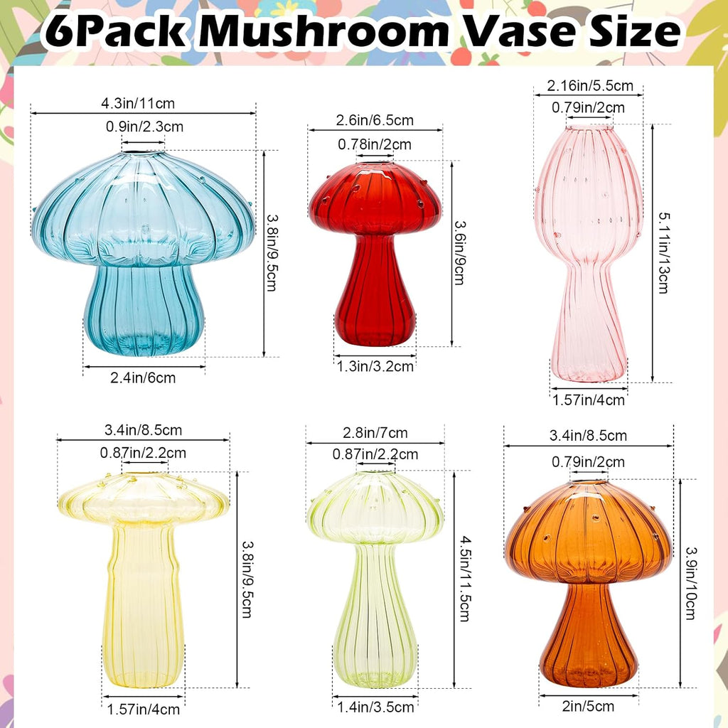 6Pcs Mushroom Vase, Colored Glass Vase,Mushroom Propagation Vases for Plants, Cute Hydroponic Flower Vase, Small Bud