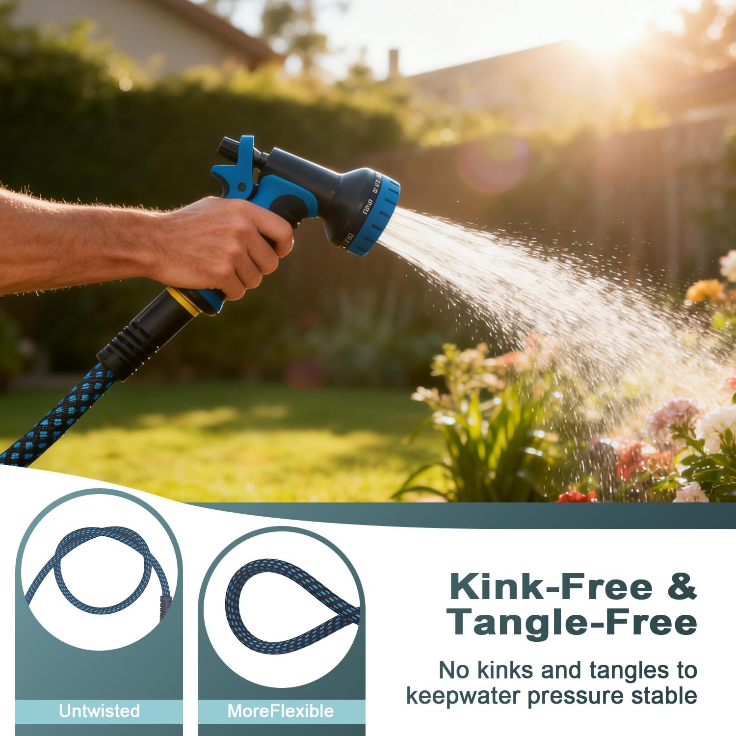 Garden Hose 50ft, Non-Expanding Water Hose Ultra Lightweight, Kink-Free Flexible Hose with 10-Pattern Nozzle, Durable &