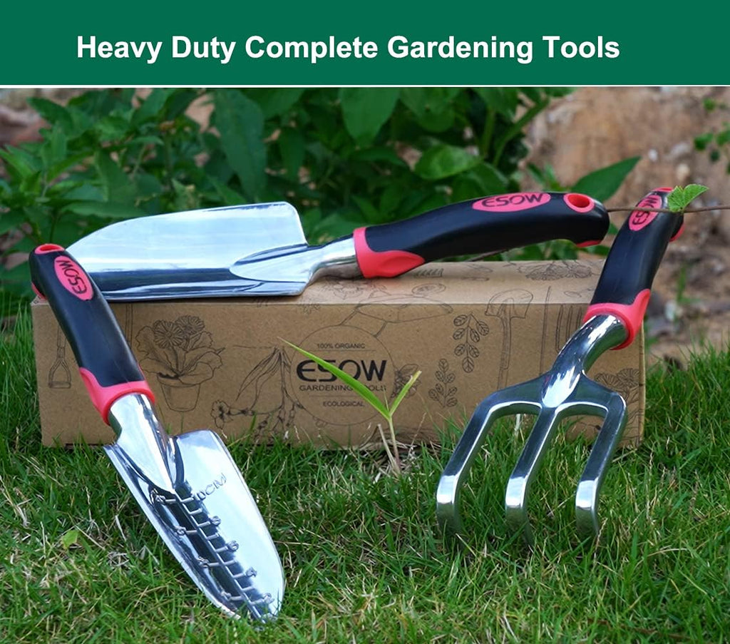 Garden Tool Set 3 Pc, Cast-Aluminum Heavy Duty - Trowel, Rake, Red | Non-slip rubber handle, ergonomic. Rustproof