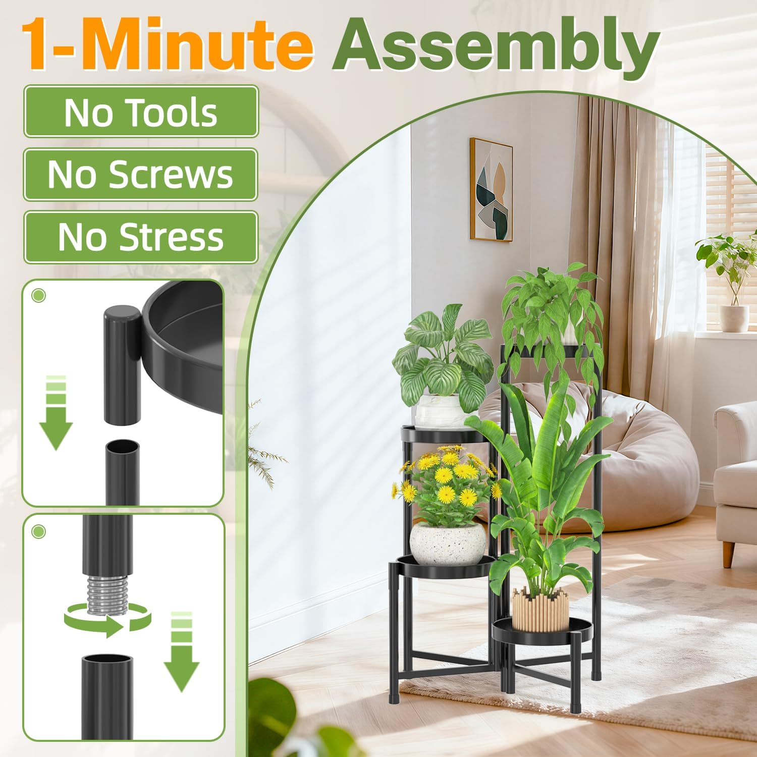iDavosic.ly Plant Stand Indoor Outdoor, 4 Tier Metal Corner Shelf, Black | Tiered Flower Display Holder, Folding Multi