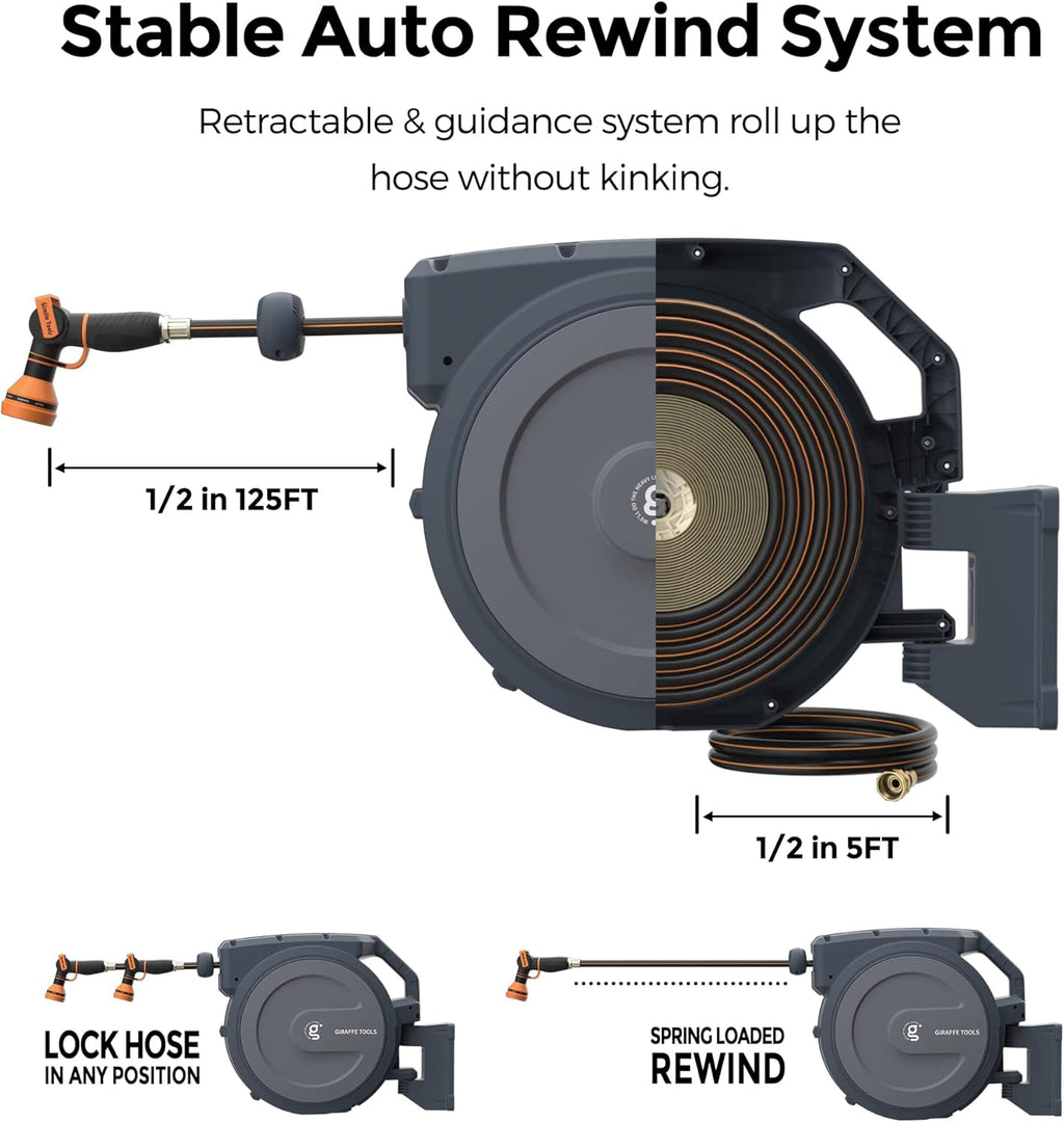 Giraffe Tools Retractable Garden Hose Reel 1/2"130FT Metal Bracket | Any Length Lock,Auto Rewind System,Wall Mount,180°