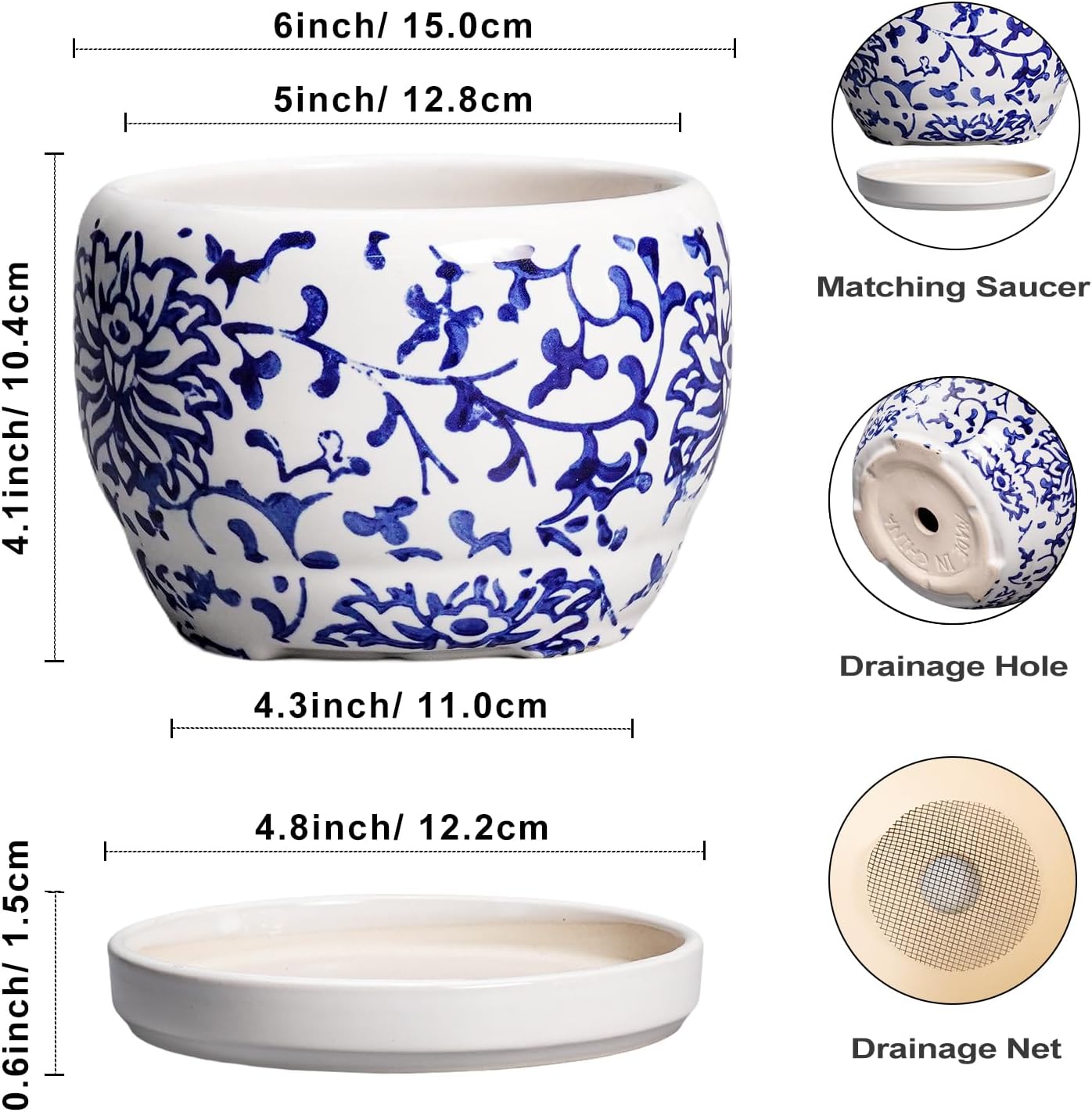 SQOWL 6 Inch Planter - Ceramic Plant Pots Indoor with Drainage Hole and Saucer, Round Ceramic Flower Pot Outdoor