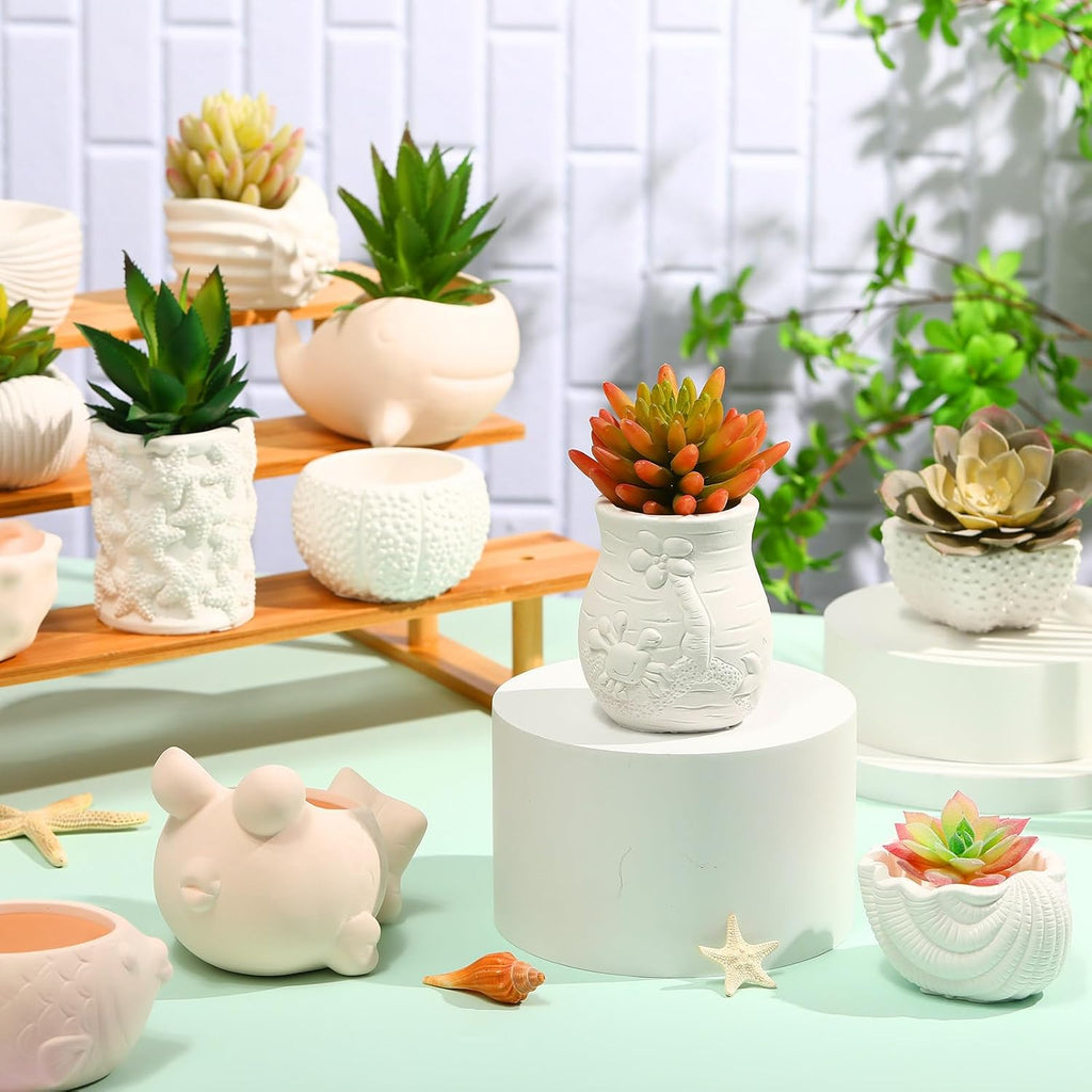 Hushee 12 Sets Ceramic Succulent Pots to Paint with Drainage | Paintable Succulent Plant Pots, 12 Styles, Small DIY