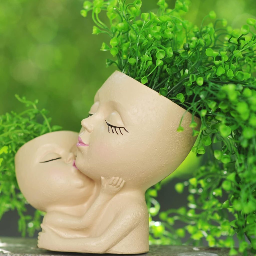 Head Planter Mother and Child Cute Face Planter Pots Head Resin Flower Pots for Indoor Plants with Drainage