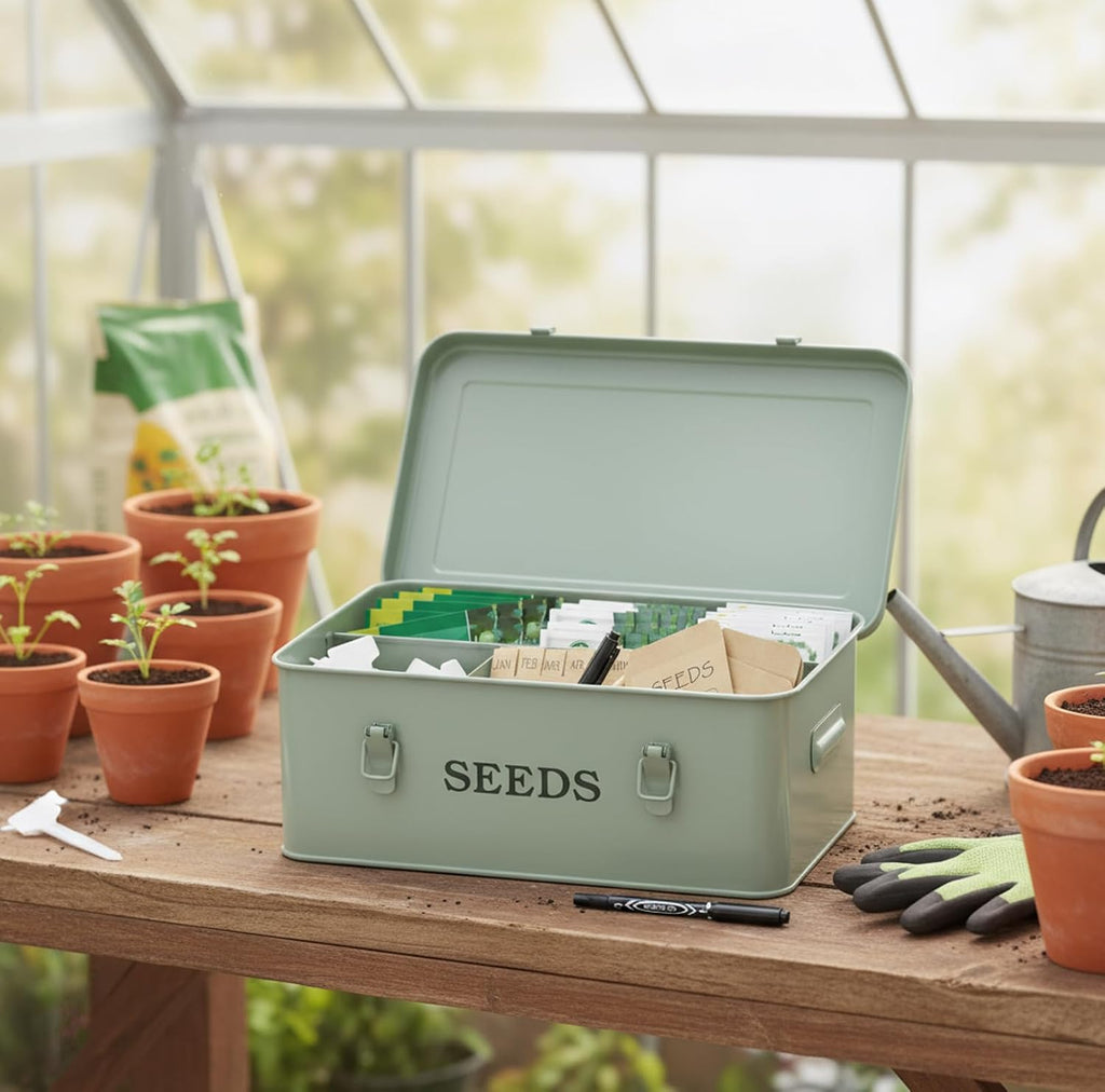 Seed Storage Organizer,Metal Seed Saving Box with Lid and Safety Locks, 4 Compartment Seeds Saver Kit with 2 Pens,20