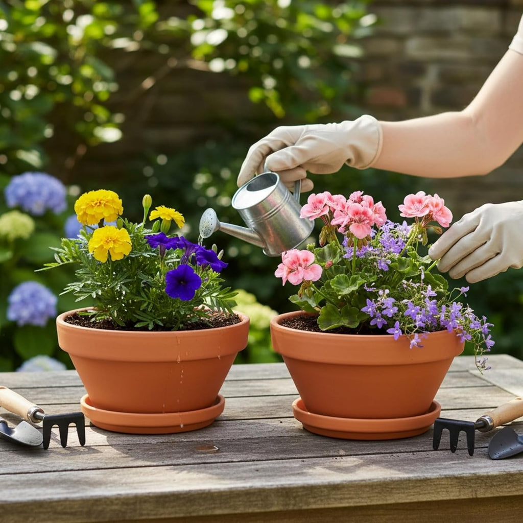 2 Pack 8 Inch Shallow Succulent Terracotta Pots with Drainage Hole and Saucer, Clay Plant Pots for Indoor and Outdoor