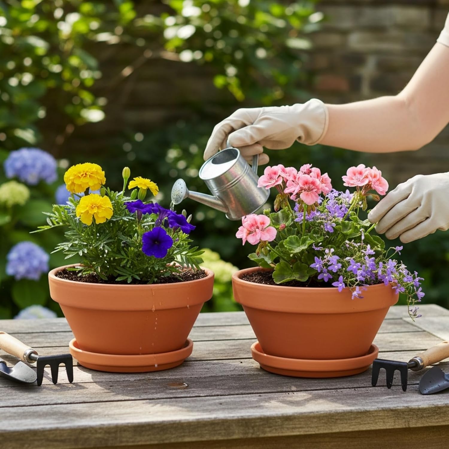 2 Pack 8 Inch Shallow Succulent Terracotta Pots with Drainage Hole and Saucer, Clay Plant Pots for Indoor and Outdoor