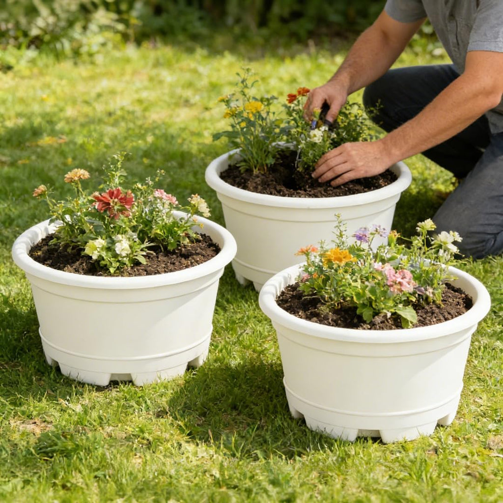 KPUVX 5 Pack 10.5 inch Plant Pots, Plastic Flower Pot | Indoor Outdoor Plants, Drainage Holes & Trays, Decorative