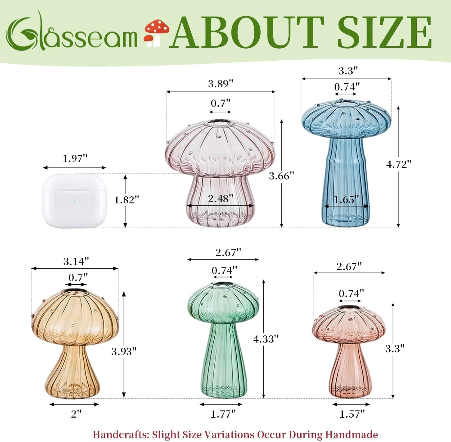 Glasseam Mushroom Plant Propagation Stations: 5 Pcs Glass Propagation Vases | Colored, Hand-Blown, Small Hydroponic