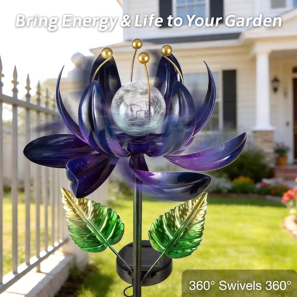 AIINY Solar Purple Metal Flower Wind Spinners, Colorful Spinning Windmill Lotus Yard Art Lights with LED Crystal Ball